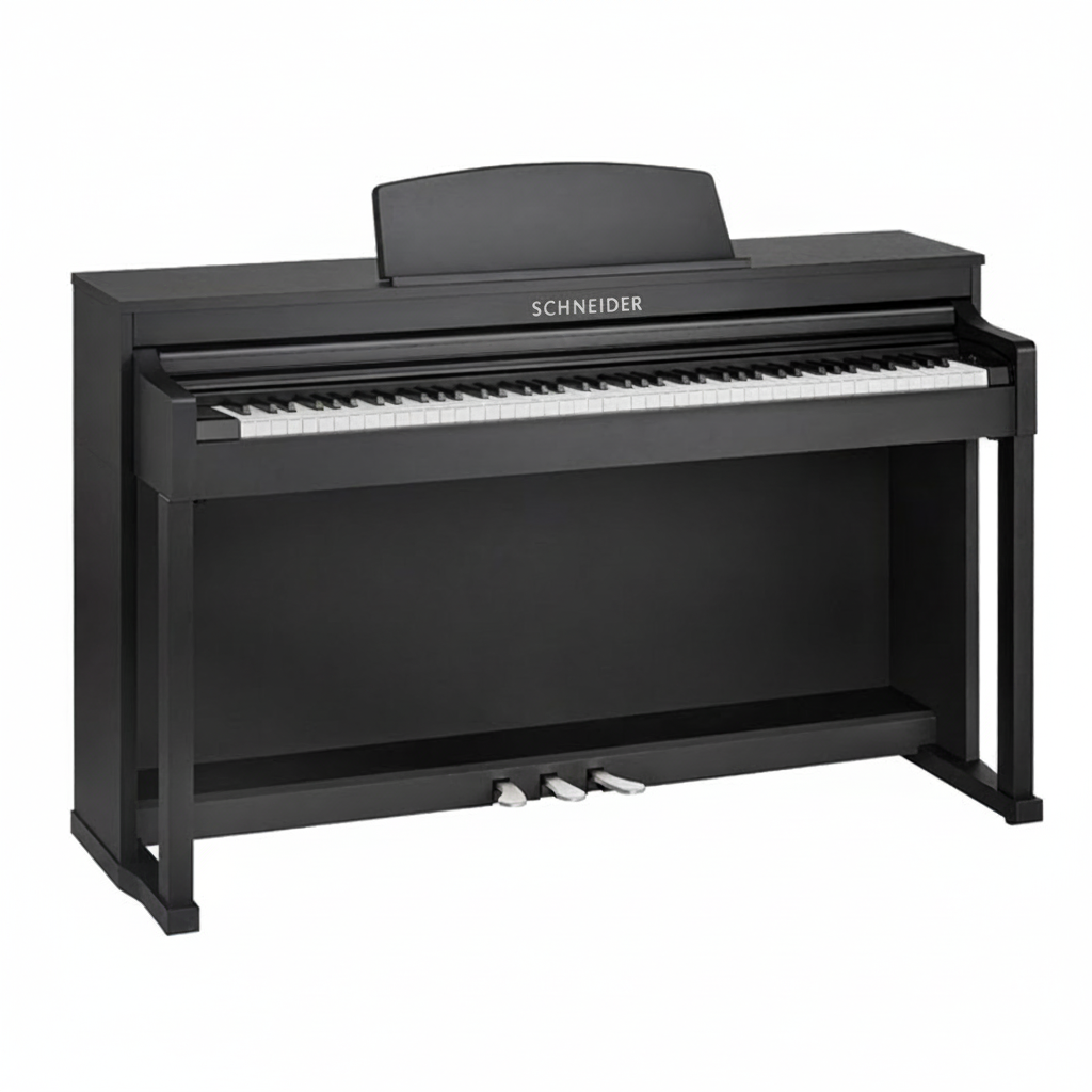 Edit this product photo in place: replace only the visible “HAILUN” brand lettering on the piano with “SCHNEIDER”, matching the original lettering position, size, color, material, perspective, and lighting. Preserve the piano, background, composition, and every other detail unchanged.
