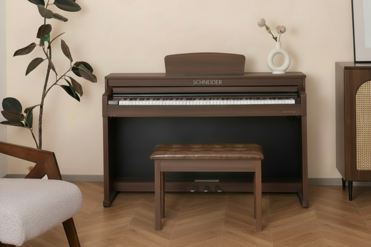 Edit the existing digital piano image only: make the visible "SCHNEIDER" brand lettering on the piano slightly smaller and more subtle, while keeping it clearly readable. Preserve the piano, composition, lighting, background, cropping, centered placement, and every other detail unchanged. Do not add any other text or logos.