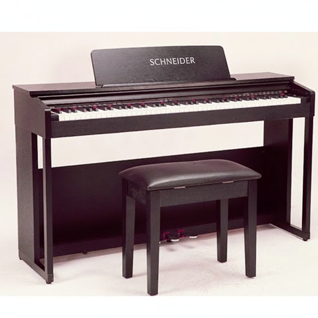 Edit the existing piano image: replace every visible brand name or logo on the piano with the word SCHNEIDER in a clean, realistic matching style. Preserve the piano, composition, lighting, colors, background, and all other details exactly. Do not add any other text.