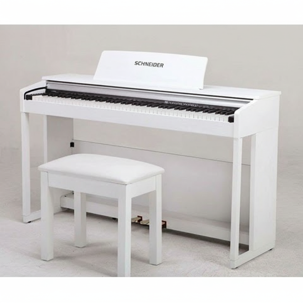 Edit the existing piano product image: replace every visible piano brand marking with clean, accurate SCHNEIDER branding, remove any old brand lettering, preserve the piano's shape, finish, lighting, composition, and all other details. Do not add any Chinese text or other wording.